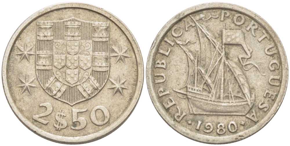 Португалия 2,5 эскудо 1980 парусник KM 590 медно-никель 213-243