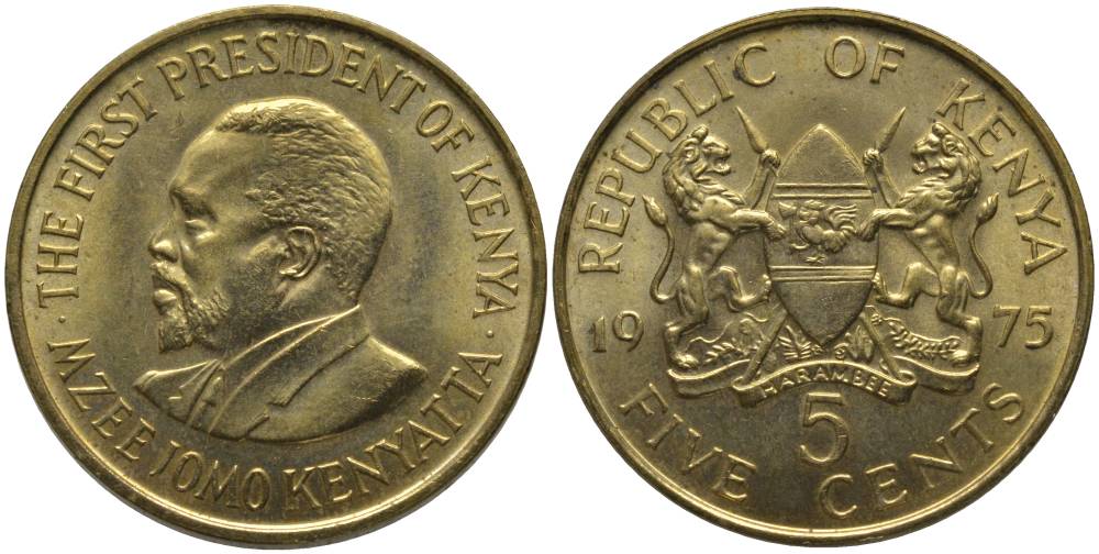 Кения 5 центов 1975 Джомо Кениата KM 10 никель латунь UNC 181-531