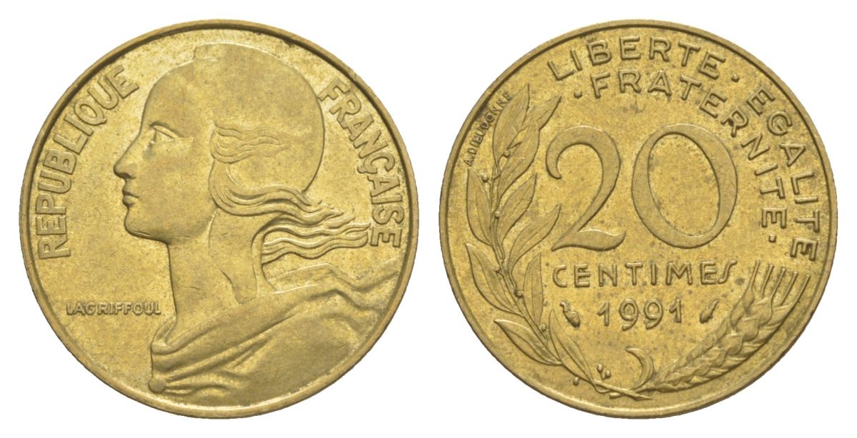 Франция 20 сантимов 1991 тип Morlon KM 930, Le Franc 156.31 алюминиевая бронза 4631-515