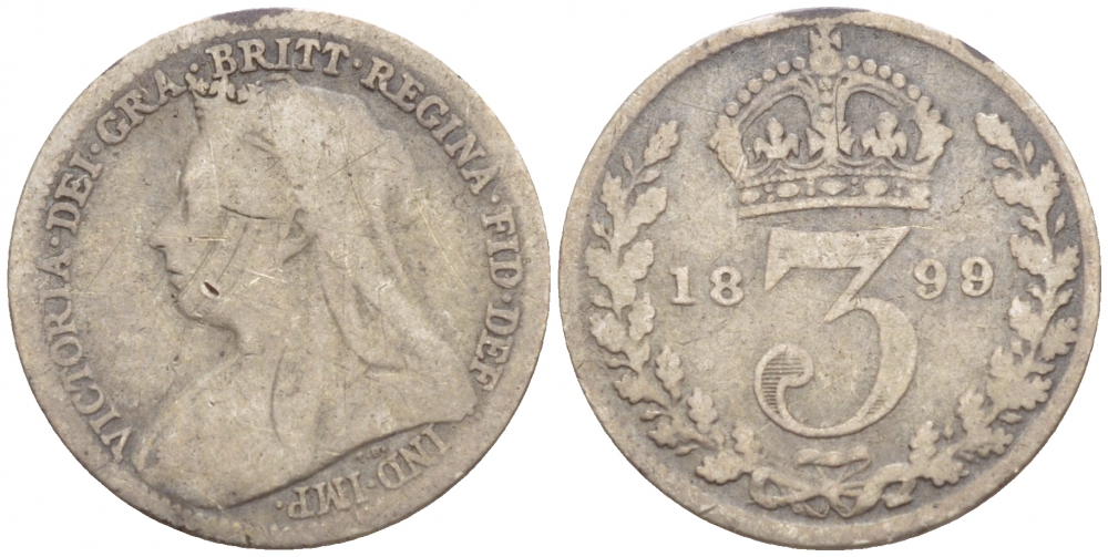Великобритания 3 пенса 1899 Виктория (1837-1901) KM 777, Spink 3942 серебро 4547-919