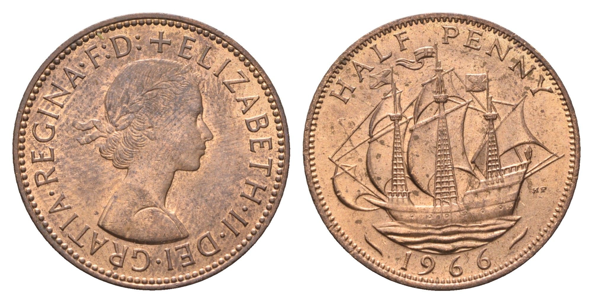 Великобритания 1/2 пенни 1966 Елизавета II (1952-2022) KM 896, Spink 4158 бронза aUNC 4662-1251