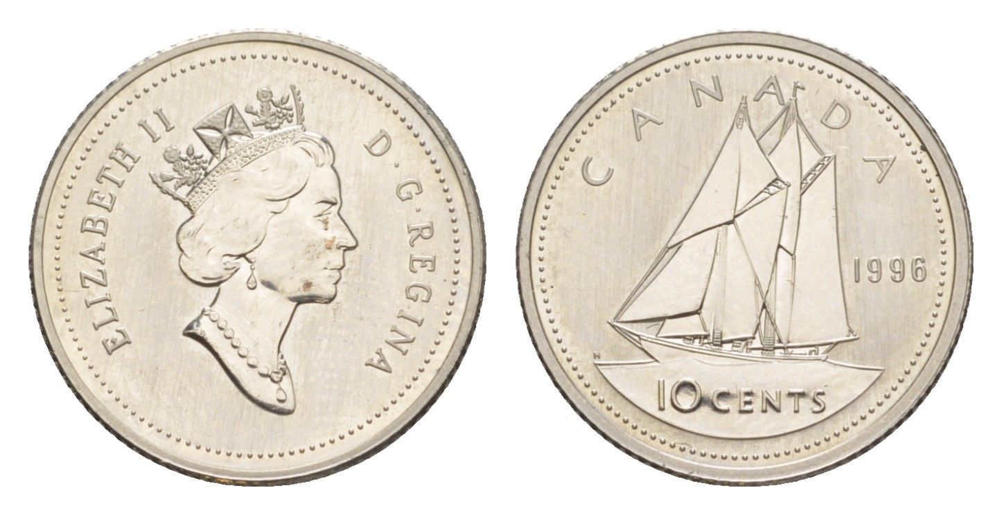 Канада 10 центов 1996 Елизавета II (1952-2022), парусник, specimen KM 183 никель BU 4639-659