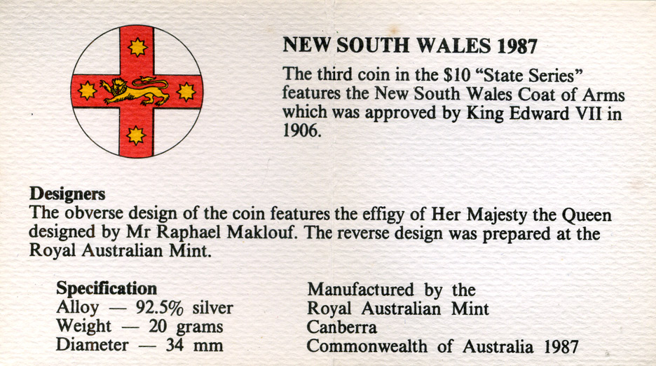 Австралия 10 долларов 1987 Новый Южный Уэльс, в оригинальной коробке, с сертификатом KM 93 серебро PROOF 5-6-4-11