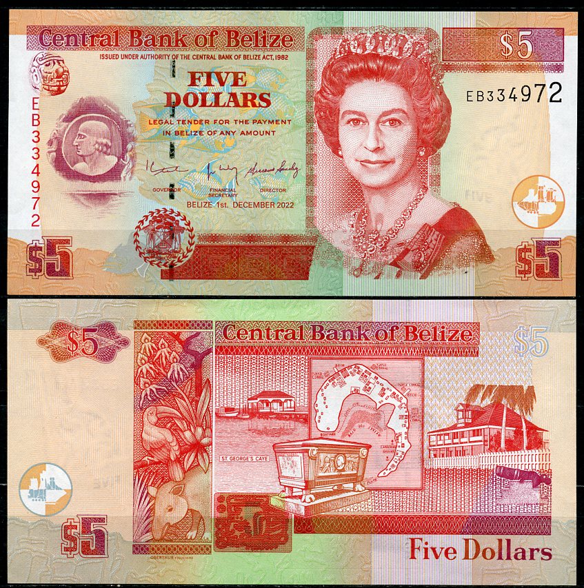 Белиз 5 долларов 2022 Елизавета II (1952-2022), гробница Томаса Поттса Pick 67 i  бумага  UNC (пресс) 446-12-1