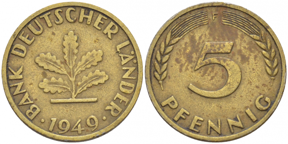 ФРГ 5 ПФЕННИГОВ 1949 F KM 102, J. 377 сталь плакированная латунью 112-932