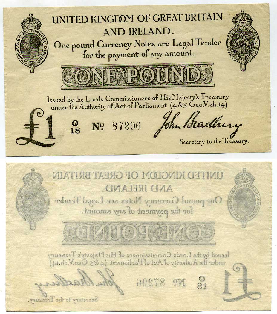 Великобритания 1 фунт 1914 для вооруженных сил Pick 349 a бумага 000-00-00