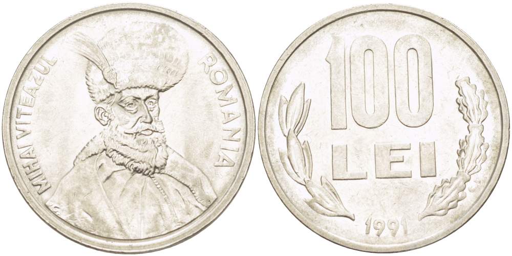 Румыния 100 леев 1991 Михай Храбрый (1558-1601) KM 111 сталь плакированная никелем 4184-1124