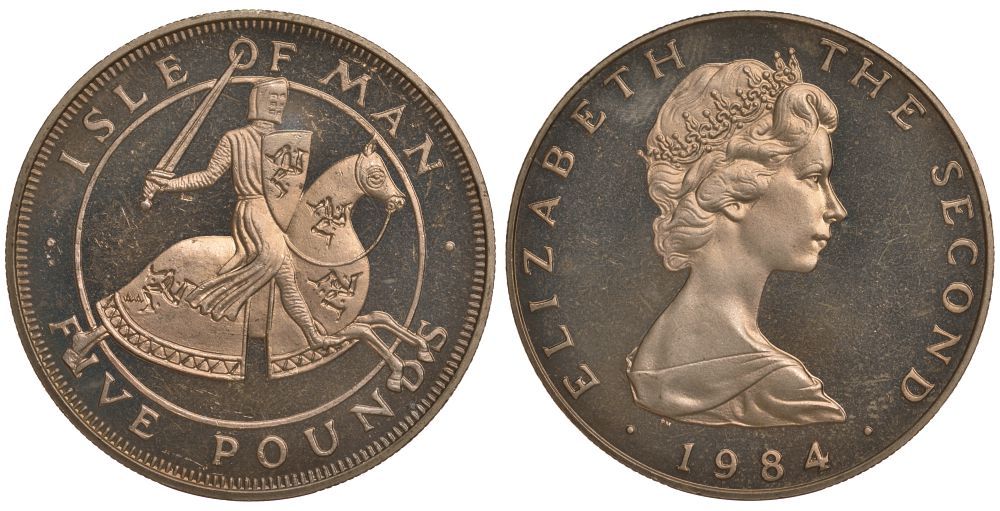 Остров Мэн 5 фунтов 1984 500 лет колледжу оружейников, рыцарь в доспехах на коне KM 134 вирениум UNC 00-00