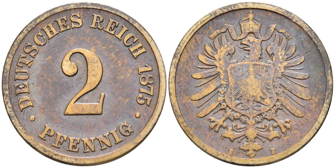 ГЕРМАНИЯ 2 ПФЕННИГА 1875 B, СТАРОГЕРБОВКА KM 2, Jager 2, Weege 3 медь 4546-546