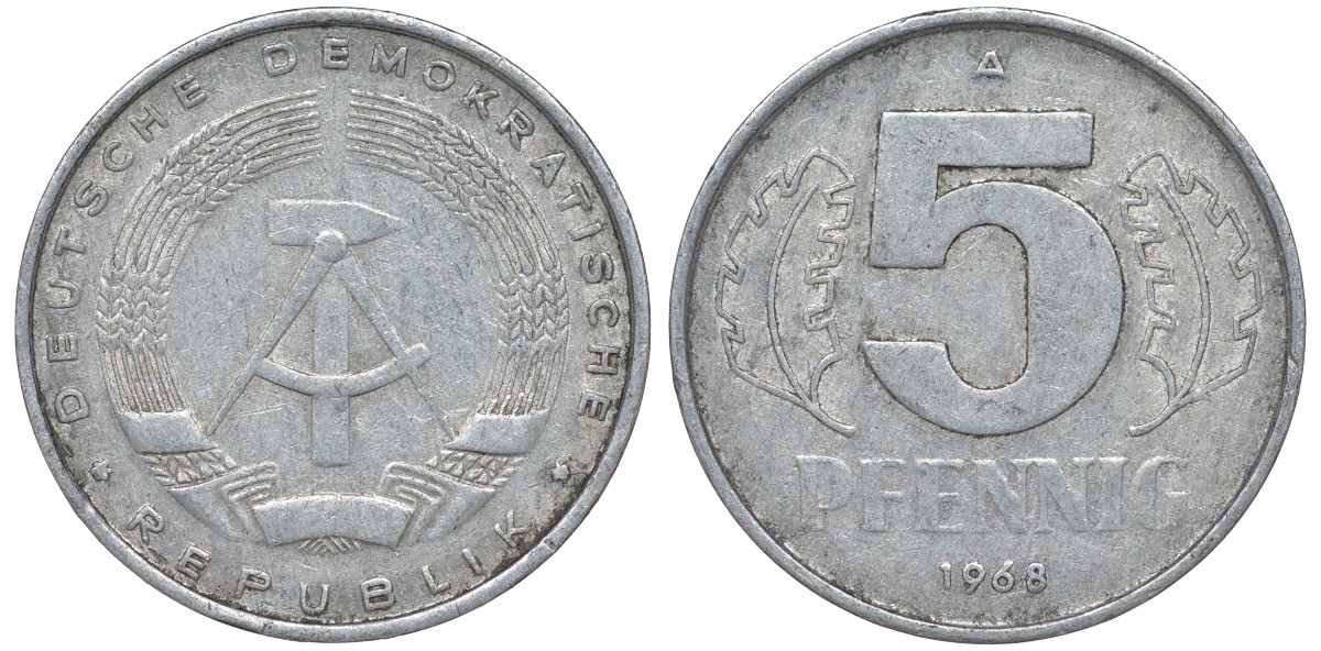 ГДР 5 ПФЕННИГОВ 1968 A KM 9.1 алюминий 62-115