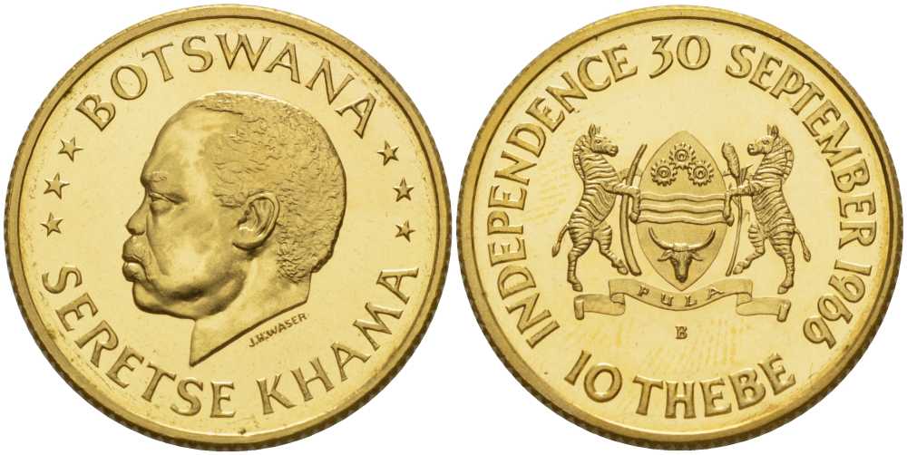 Ботсвана 10 тхебе 1966 президент Кхама - независимость KM 2 золото UNC 00-000-00