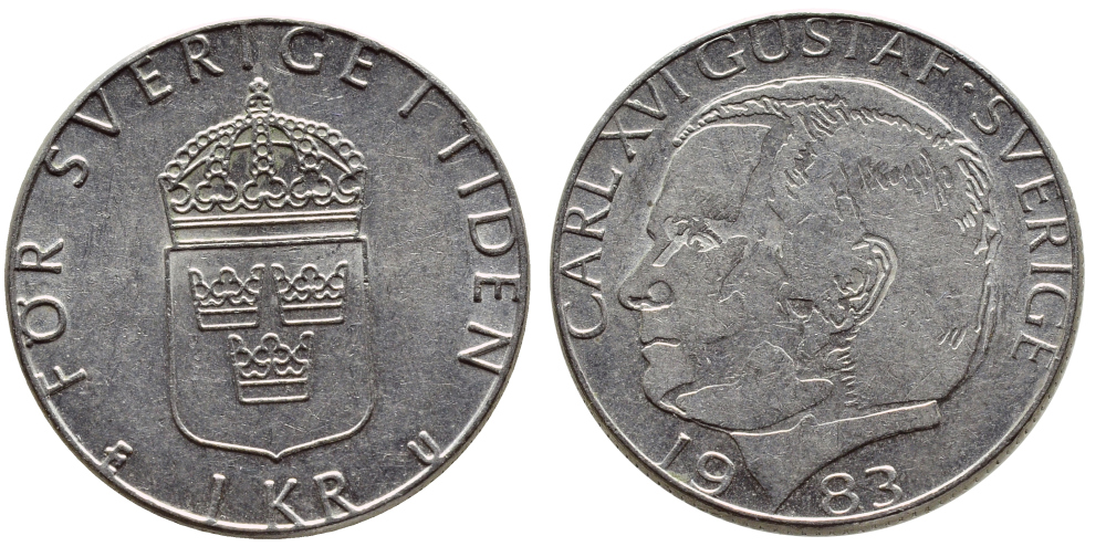 Швеция 1 крона 1983 Карл XVI Густав (1973- ) KM 852a медно-никель 4397-1057