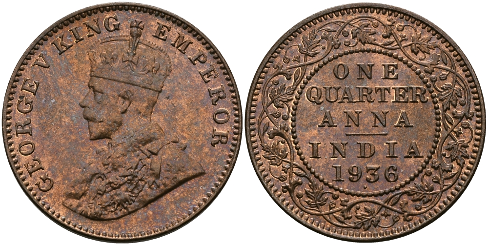 Британская Индия 1/4 анна 1936 Георг V (1910-1936) KM 512 бронза UNC 94-223