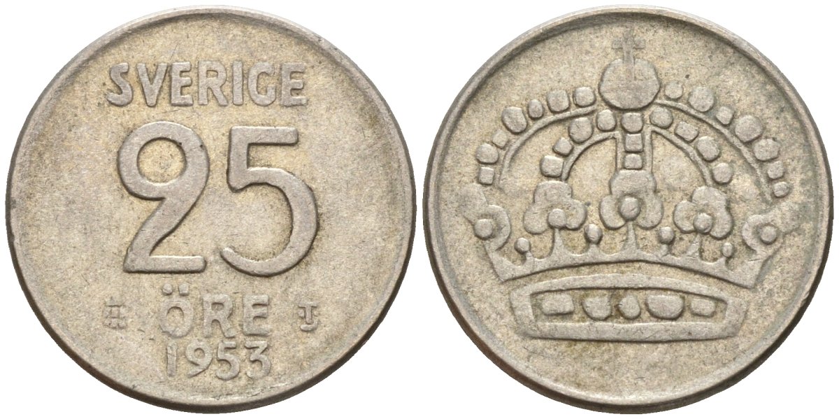 Швеция 25 эре 1953 TS, Густав VI Адольф (1950-1973) KM 824 серебро 4147-1034