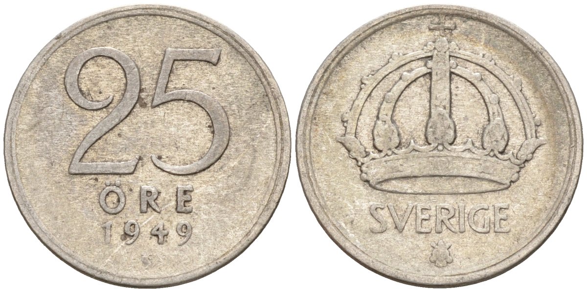Швеция 25 эре 1949 TS, Густав V (1907-1950) KM 816 серебро 4147-1014