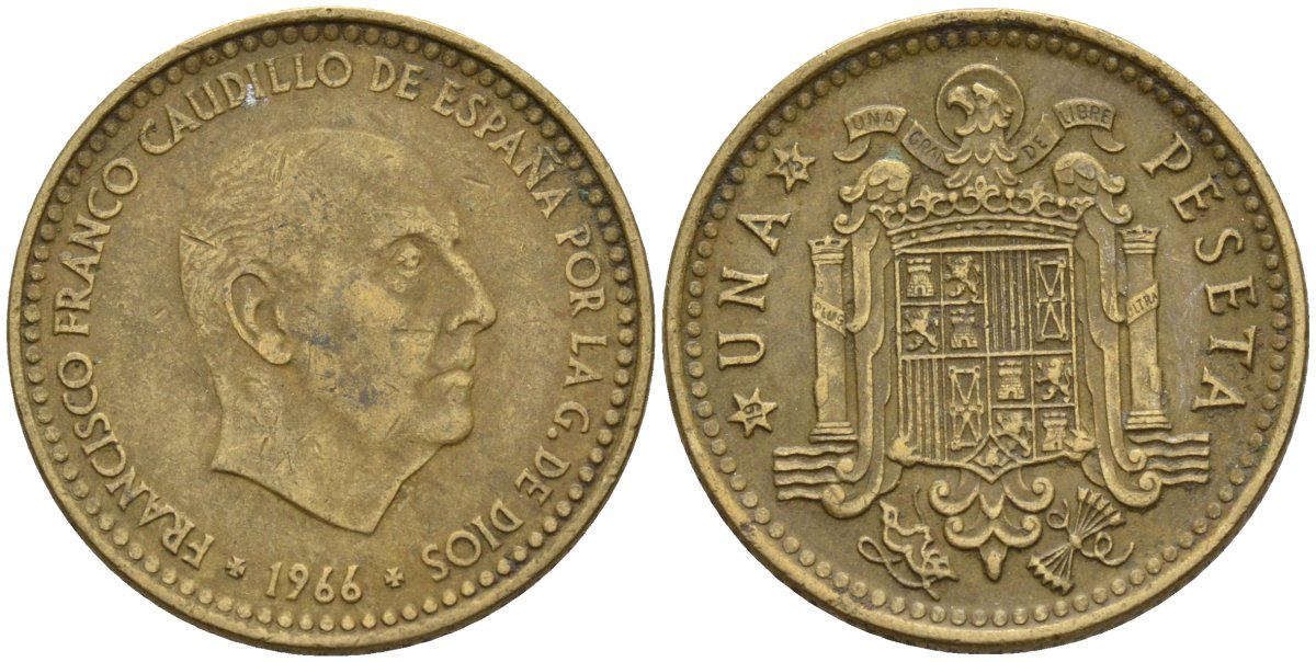 Испания 1 песета 1966 (75) Франциско Франко (1939-1975) КМ 796 алюминиевая бронза 4155-417