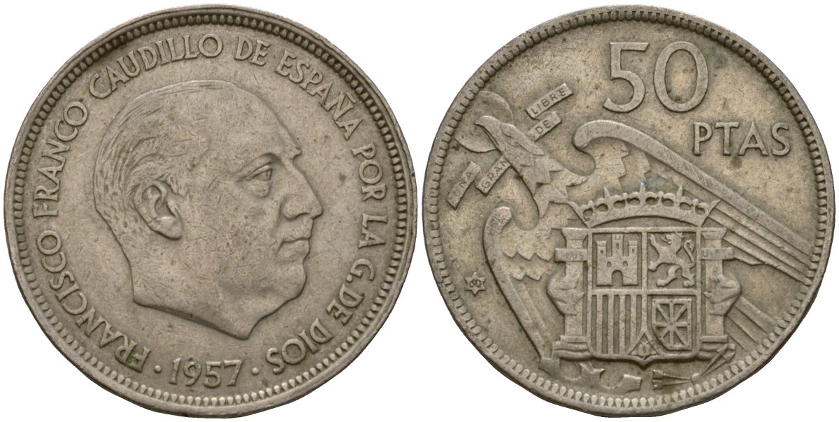 Испания 50 песет 1957 (60) Франсиско Франко (1939-1975) KM 788 медно-никель 4599-116
