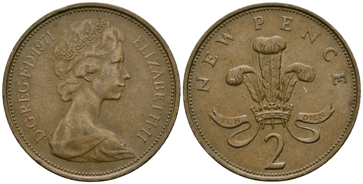 Великобритания 2 пенса 1971 Елизавета II (1952-2022) KM 916, Spink 4235 (C1) бронза 4138-751