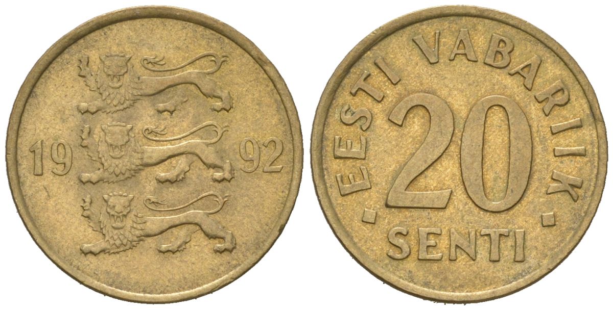 Эстония 20 сентов 1992 KM 23 латунь aUNC 4618-327