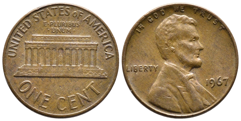 США 1 ЦЕНТ 1967 ЛИНКОЛЬН KM 201 медь цинк 4364-824