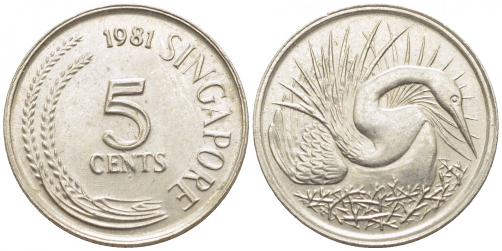 Сингапур 5 центов 1981 большая белая цапля KM 2 медно-никель 105-1251