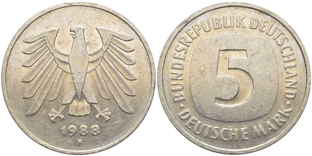 ФРГ 5 МАРОК 1988 F KM 140.1, J. 415 медно-никель плакированный никелем 115-522