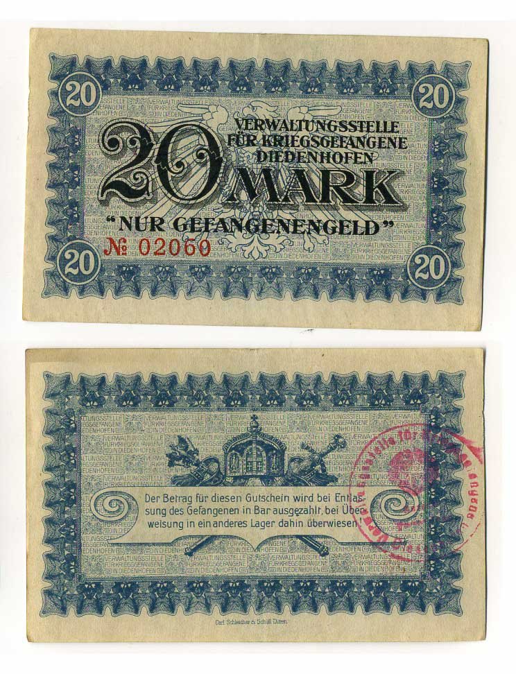 ГЕРМАНИЯ 20 МАРОК ND ЛАГЕРЬ ВОЕННОПЛЕННЫХ В ТЬОНВИЛЕ (ФРАНЦИЯ) C-2882 бумага aUNC 000-00-00