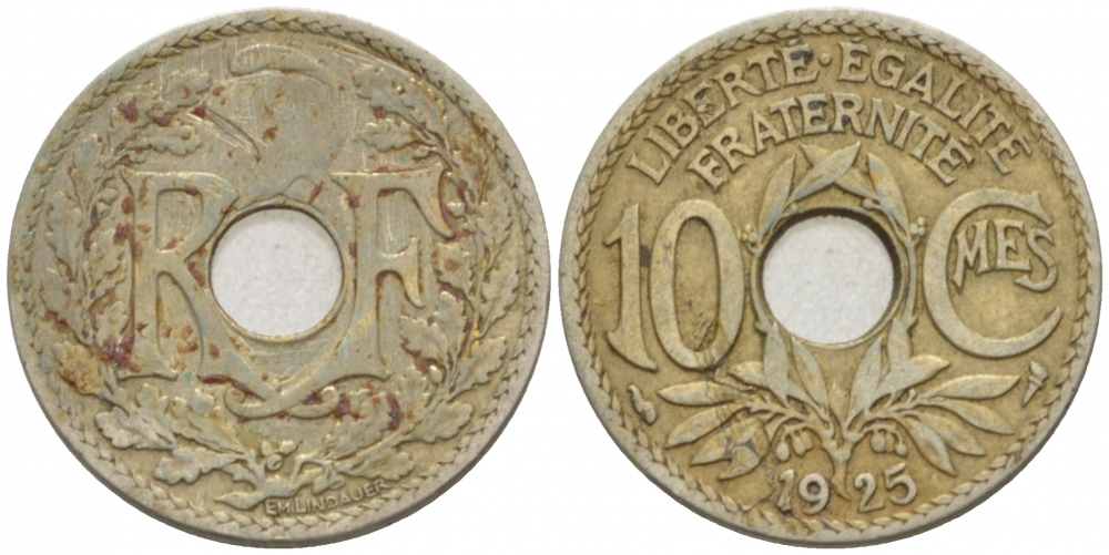 ФРАНЦИЯ 10 САНТИМОВ 1925 ТИП ЛИНДАЙЁ KM 866а медно-никель 77-611
