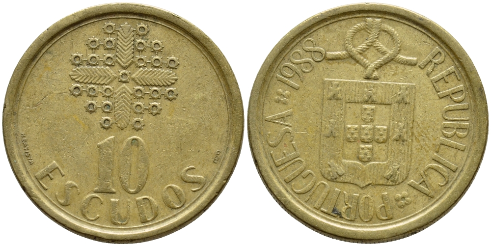 ПОРТУГАЛИЯ 10 ЭСКУДО 1988 KM 633 никель латунь 4395-957