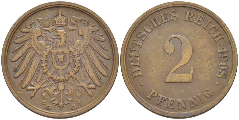 ГЕРМАНИЯ 2 ПФЕННИГА 1908 G KM 16, J. 11, Weege 4 медь 206-549