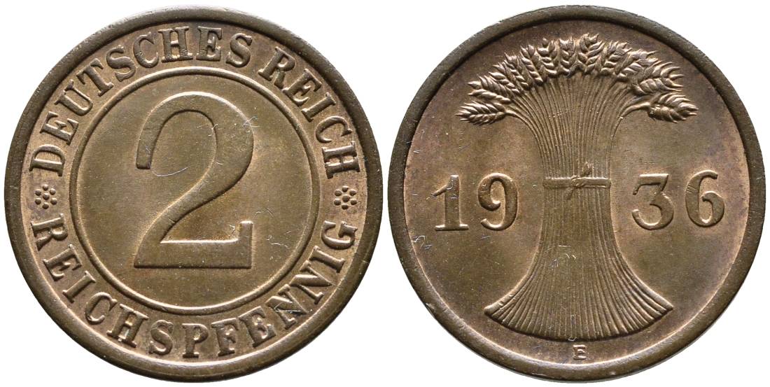 Германия 2 рейхспфеннига 1936 E, Веймарская Республика (1919-1933) KM 38, Jager 314, Weege 4 бронза  aUNC  4546-851