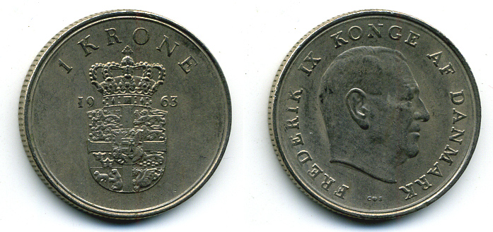 ДАНИЯ 1 КРОНА 1963 C; S, ФРЕДЕРИК IX (1947-1972) KM 851.1 медно-никель 56-352
