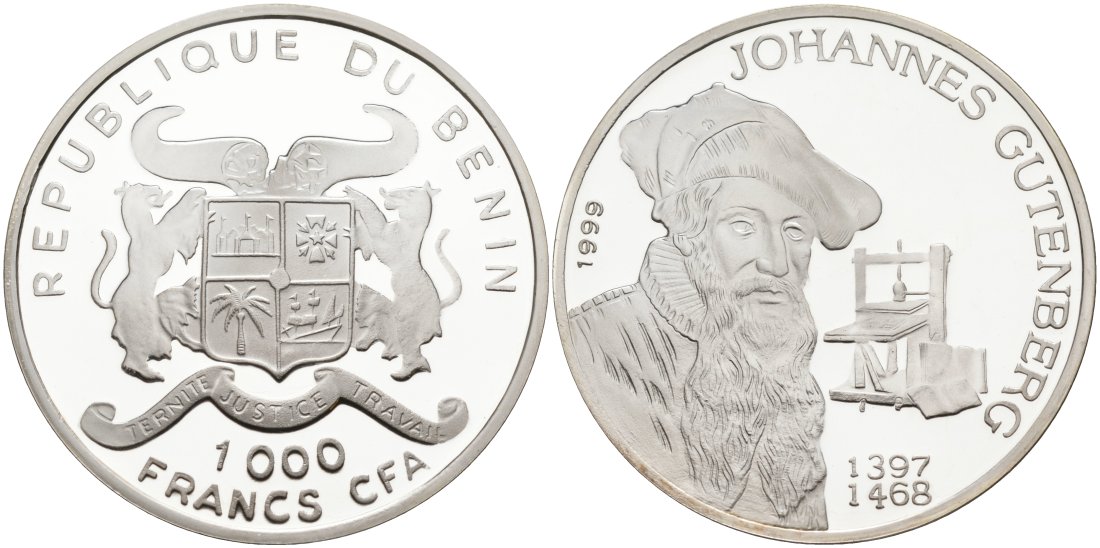 Бенин 1000 франков 1999 Иоганн Гутенберг KM 39 серебро PROOF 01-077-13