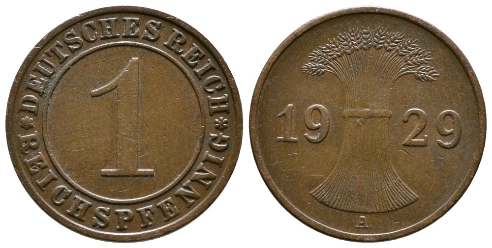 ГЕРМАНИЯ 1 РЕЙХСПФЕННИГ 1929 A KM 37, J. 313 бронза 4380-1152