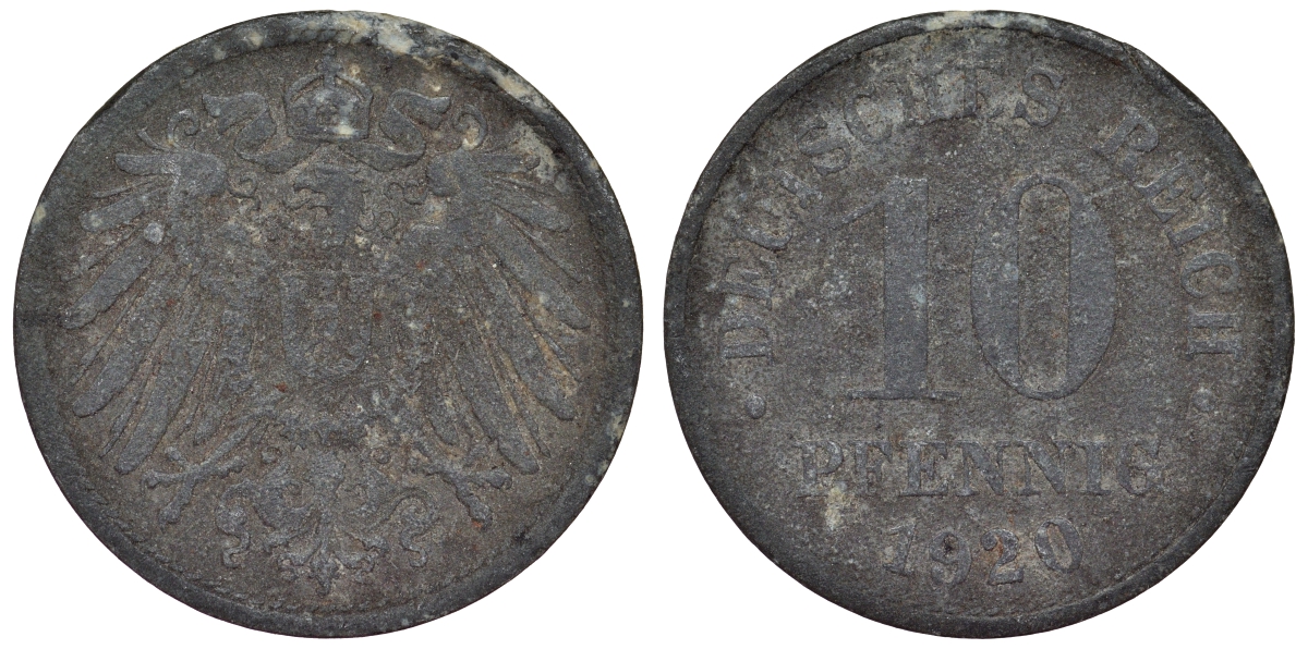 Германия 10 пфеннигов 1920 KM 26, J. 299, Weege 8 цинк 4119-422