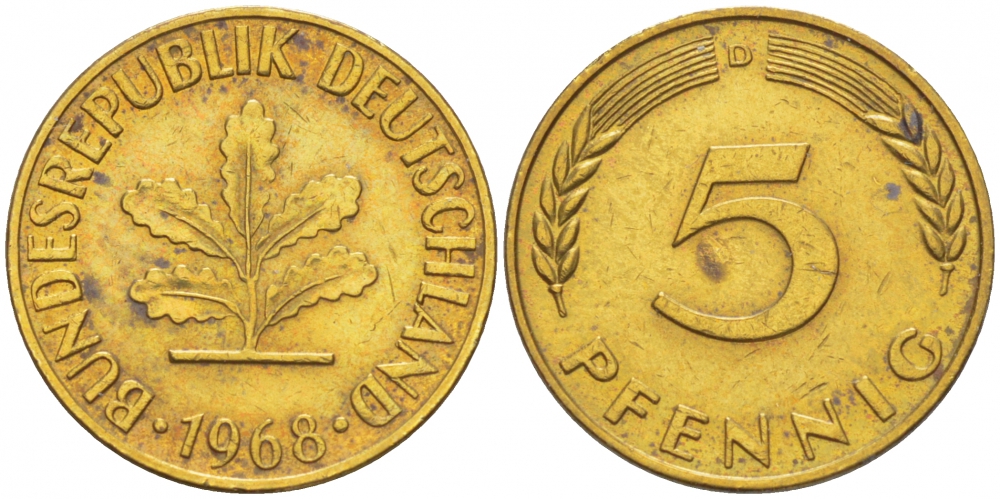 ФРГ 5 ПФЕННИГОВ 1968 D KM 107, J. 382 сталь плакированная латунью 4396-1632