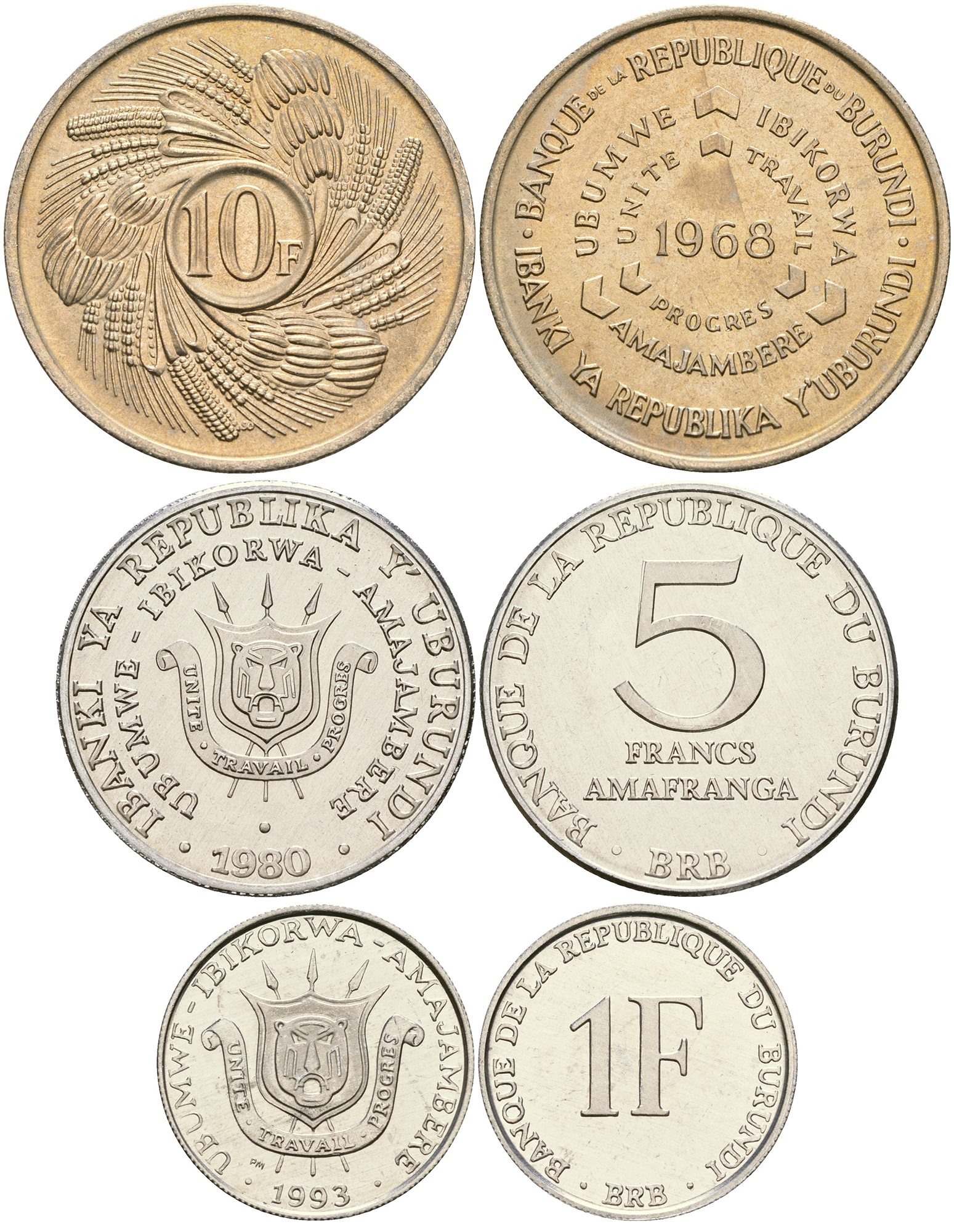 Бурунди лот из 3 монет 1968-1993 1, 5 и 10 франков UNC M76-11