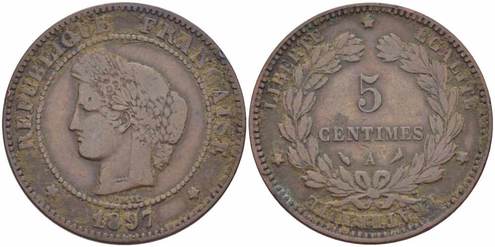 ФРАНЦИЯ 5 САНТИМОВ 1897 А, ТРЕТЬЯ РЕСПУБЛИКА (1871-1940) KM 821.1, LE FRANC 118.41 бронза 108-647