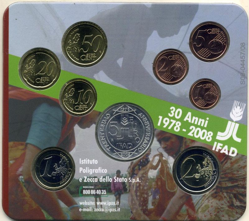 Италия набор из 9 монет с 5 евро 2008 30 лет со дня основания IFAD серебро, биметалл UNC 7-5-2-27