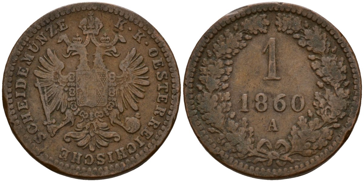 Австрия 1 крейцер 1860 A, Франц Иосиф I (1848-1916) KM 2186 медь 4154-833