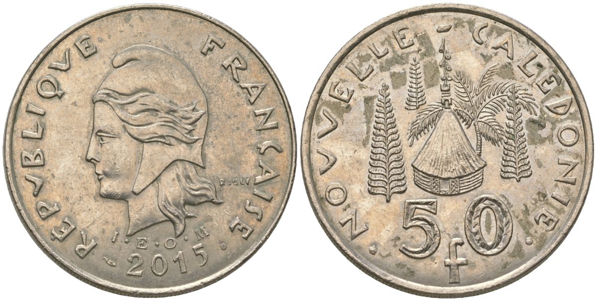 Французская Новая Каледония 50 франков 2015 хижина среди сосен и пальм, (IEOM) KM 13a, Schoen 15a, Lec 128i медно-никель 179-144