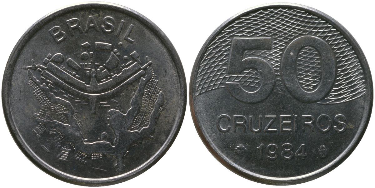 Бразилия 50 крузейро 1984 KM 594.1, Schon 103 нержавеющая сталь 4519-411