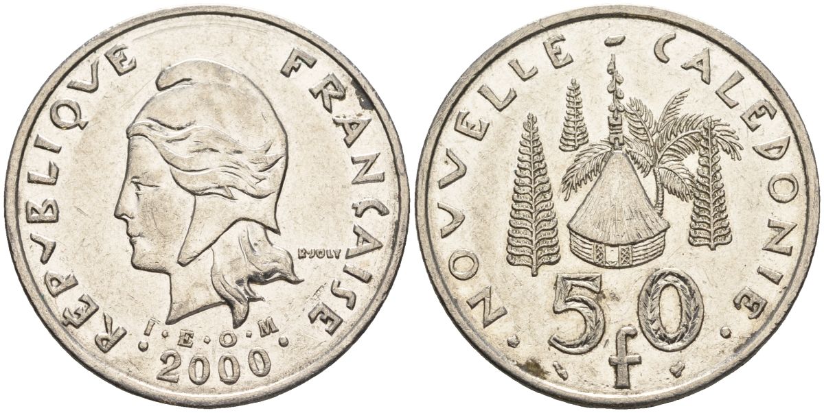 Французская Новая Каледония 50 франков 2000 хижина среди сосен и пальм, (IEOM) KM 13, Schoen 15, Lec 121 никель 4123-741