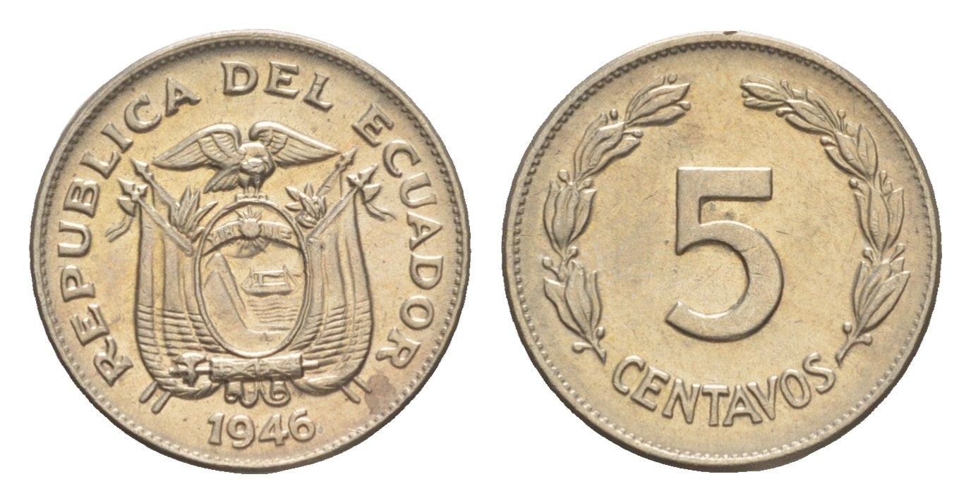 Эквадор 5 сентаво 1946 KM 75b медно-никель aUNC 4640-1122