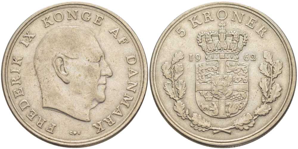 ДАНИЯ 5 КРОН 1962 C; S, ФРЕДЕРИК IX (1947-1972) KM 853.1 медно-никель 38-443