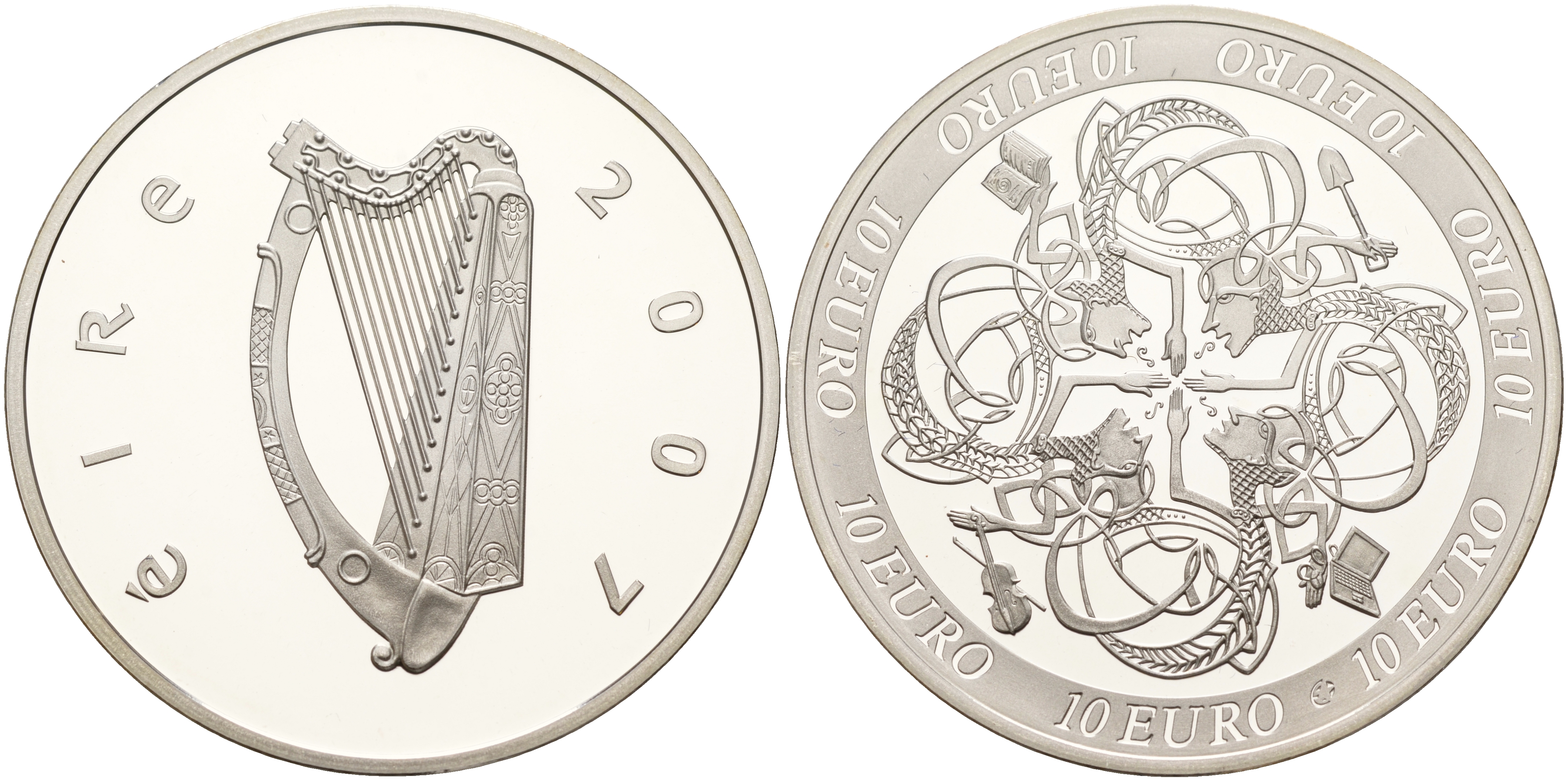 Ирландия 10 евро 2007 влияние Ирландии на европейскую культуру, символы влияния в 4-х областях культуры KM 58 серебро PROOF 11-321-22