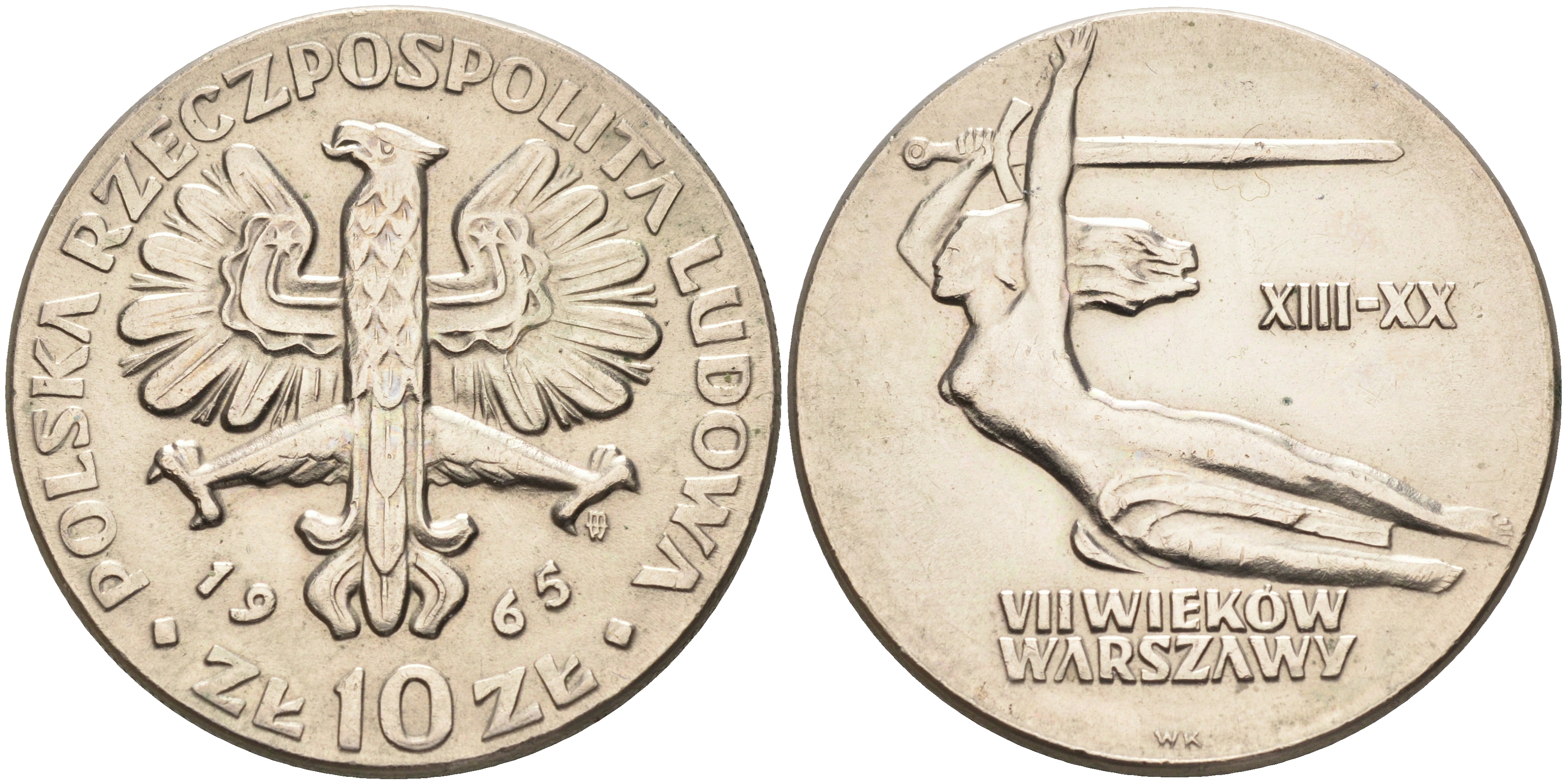 Польша 10 злотых 1965 700 лет Варшаве, богиня победы Ника с мечем KM 54 медно-никель    4149-142