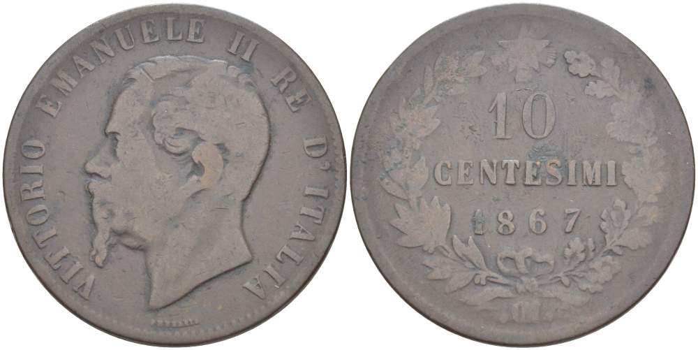 Италия 10 чентезимо 1867 OM, Виктор Эммануил II (1861-1878) KM 11.5 медь 4526-923