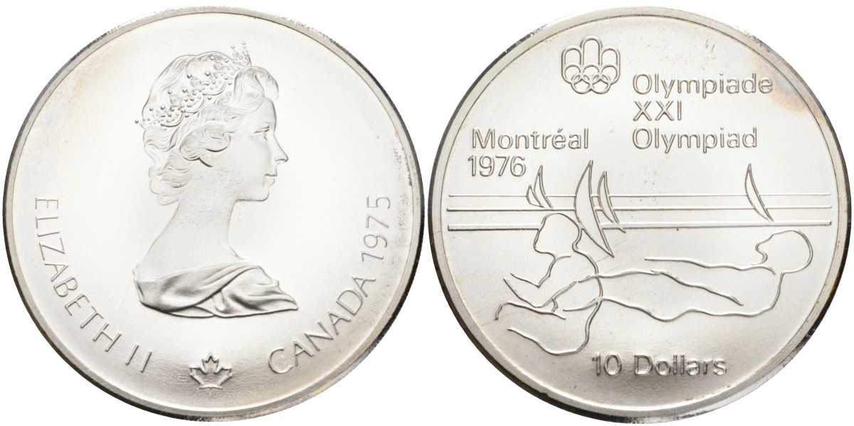 Канада 10 долларов 1975 XXI летние Олимпийские игры в Монреале 1976 года, виндсерфинг KM 104 серебро UNC 02-252-42