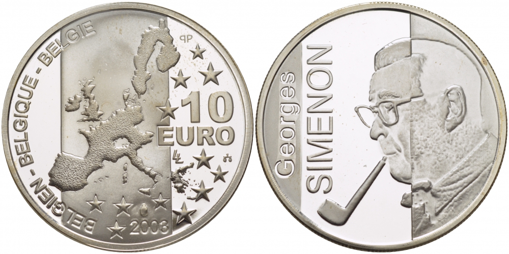 Бельгия 10 евро 2003 100 лет со дня рождения Жоржа Сименона KM 235 серебро PROOF 00-00